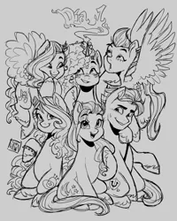 Size: 2160x2700 | Tagged: safe, artist:twillow, derpibooru import, hitch trailblazer, izzy moonbow, pipp petals, sunny starscout, zipp storm, earth pony, pegasus, pony, unicorn, g5, applejack (g5), female, fluttershy (g5), group photo, horn, image, lineart, male, mane five, mane six (g5), mare, misty brightdawn, pinkie pie (g5), png, rainbow dash (g5), rarity (g5), stallion, twilight sparkle (g5), unitober 2024