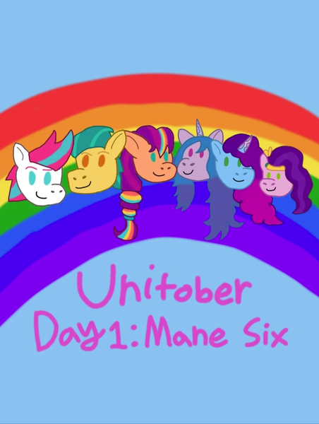 Size: 1080x1433 | Tagged: safe, artist:shucku, derpibooru import, hitch trailblazer, izzy moonbow, pipp petals, sunny starscout, zipp storm, earth pony, pegasus, pony, unicorn, g5, applejack (g5), blue background, caption, female, fluttershy (g5), horn, image, male, mane five, mane six (g5), mane stripe sunny, mare, misty brightdawn, pinkie pie (g5), png, rainbow, rainbow dash (g5), rarity (g5), rebirth misty, simple background, stallion, text, twilight sparkle (g5), unitober 2024