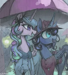 Size: 1072x1179 | Tagged: safe, artist:colochenni, derpibooru import, princess celestia, princess luna, alicorn, alternate hairstyle, canterlot, clothes, dress, hat, horn, image, png, rain, umbrella, wings