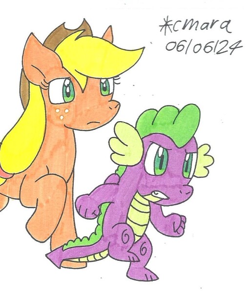 Size: 872x1025 | Tagged: safe, artist:cmara, derpibooru import, applejack, spike, dragon, earth pony, female, image, jpeg, male, simple background, white background