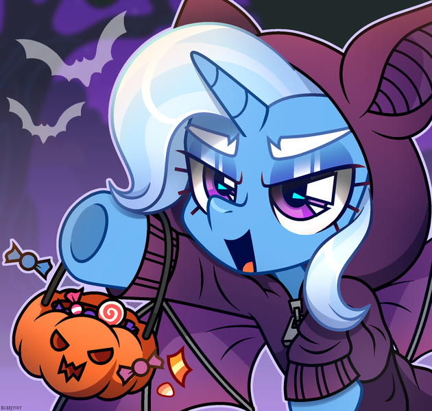 Size: 2100x2000 | Tagged: safe, artist:scarffist, derpibooru import, trixie, bat, pony, unicorn, g4, base used, bat wings, bucket, candy, clothes, costume, cute, derpibooru exclusive, diatrixes, eyeshadow, female, food, halloween, halloween costume, happy, holiday, horn, image, jack-o-lantern, makeup, open mouth, pink eyes, png, pumpkin, short hair, short mane, solo, solo female, spread wings, sweat, trick or treat, wings