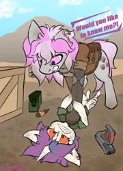 Size: 1440x1995 | Tagged: safe, artist:spoopy-abby, derpibooru import, oc, oc:hired gun, fallout equestria, fallout equestria: heroes, fanfic art, gun, image, pinned, pinned down, png, raider, weapon