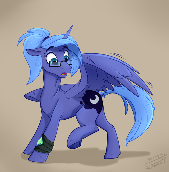 Size: 1886x1921 | Tagged: safe, artist:rutkotka, derpibooru import, princess luna, alicorn, pony, g4, alternate hairstyle, bracelet, butt, commission, crystal, female, glasses, hairband, image, jewelry, leg wraps, looking at something, mare, moonbutt, motion lines, one wing out, open mouth, plot, png, ponytail, raised leg, s1 luna, simple background, solo, surprised, tan background, wings, younger