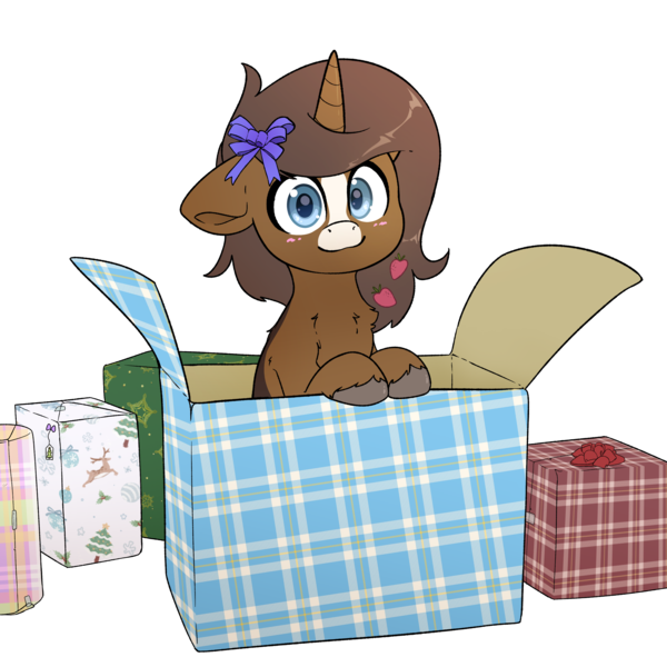 Size: 3000x3000 | Tagged: safe, artist:fluffyxai, derpibooru import, oc, oc:strawberry cocoa, unofficial characters only, pony, unicorn, box, commission, hearth's warming, horn, image, looking at you, png, pony in a box, present, solo, unicorn oc, your character here