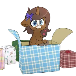 Size: 3000x3000 | Tagged: safe, artist:fluffyxai, derpibooru import, oc, oc:strawberry cocoa, unofficial characters only, pony, unicorn, box, commission, hearth's warming, horn, image, looking at you, png, pony in a box, present, solo, unicorn oc, your character here