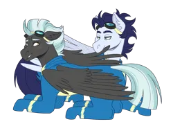 Size: 2600x2000 | Tagged: safe, artist:monnarcha, derpibooru import, soarin', thunderlane, pony, clothes, gay, grooming, image, lying down, male, png, preening, prone, shipping, simple background, soarilane, transparent background, uniform, wings, wonderbolts uniform