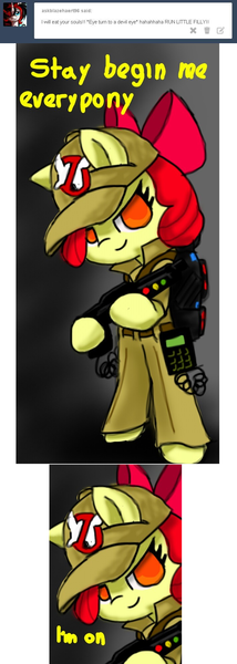 Size: 712x1993 | Tagged: safe, artist:arielsbx, derpibooru import, apple bloom, pony, ask little applebloom, bipedal, ghostbusters, image, png, solo