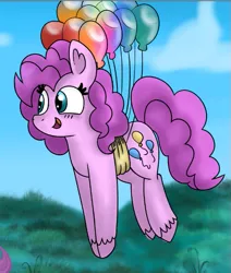 Size: 501x591 | Tagged: safe, artist:mashee, derpibooru import, pinkie pie, earth pony, pony, g4, adorable face, balloon, balloon riding, blue sky, blush lines, blushing, cloud, colored, cute, floating, grass, happy, image, lineart, original art, original style, png, then watch her balloons lift her up to the sky