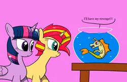 Size: 2096x1358 | Tagged: safe, artist:twi clown, derpibooru import, adagio dazzle, sunset shimmer, twilight sparkle, twilight sparkle (alicorn), alicorn, pony, siren, unicorn, female, fish bowl, horn, image, mare, png, rainbow rocks 10th anniversary, table