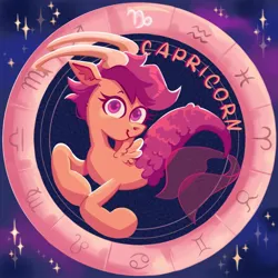 Size: 2000x2000 | Tagged: safe, artist:irisikiki, derpibooru import, part of a set, scootaloo, merpony, pegasus, pony, g4, capricorn, female, filly, foal, horns, image, jpeg, looking at you, smiling, smiling at you, solo, stars, zodiac