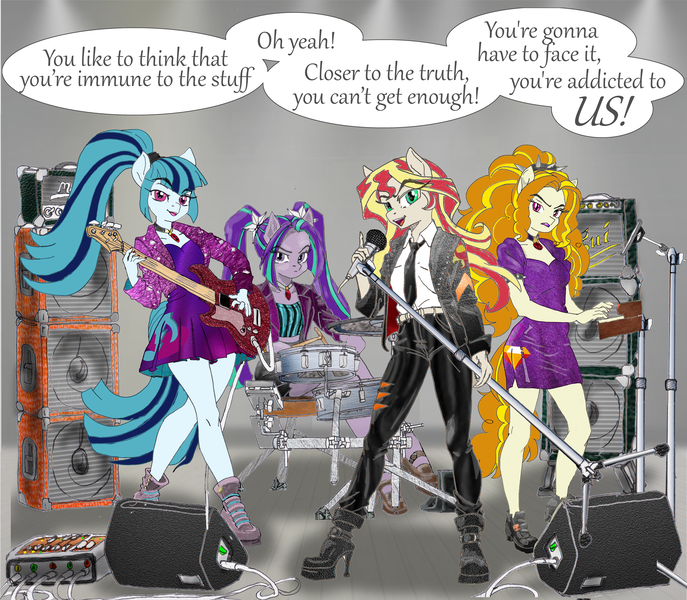 Size: 3000x2619 | Tagged: safe, artist:ciaran, derpibooru import, adagio dazzle, aria blaze, sonata dusk, sunset shimmer, ponified, anthro, pony, siren, equestria girls, g4, amplifier, bass guitar, boots, cable, clothes, derpibooru exclusive, dialogue, disguise, disguised, disguised siren, dress, drum kit, drum sticks, drums, electric guitar, electric piano, female, gem, guitar, image, jewelry, layout, light, lyrics, microphone, musical instrument, my little pony equestria girls: rainbow rocks, necklace, necktie, playing instrument, png, pony ears, ponytail, rainbow rocks 10th anniversary, shoes, siren gem, speaker, speech bubble, stage, text