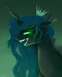 Size: 3301x4096 | Tagged: safe, artist:renderpoint, derpibooru import, queen chrysalis, changeling, changeling queen, g4, bust, crown, evil grin, female, glow, glowing eyes, gradient background, grin, high res, horn, image, jewelry, jpeg, open mouth, open smile, regalia, sharp teeth, smiling, solo, teeth