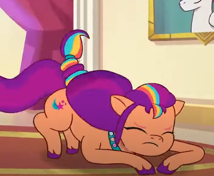 Size: 702x577 | Tagged: safe, derpibooru import, screencap, sunny starscout, earth pony, pony, g5, my little pony: tell your tale, cropped, eyes closed, image, lying down, png, prone, queens for a day, solo