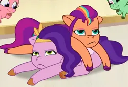 Size: 774x529 | Tagged: safe, derpibooru import, screencap, pipp petals, sunny starscout, earth pony, pegasus, pony, g5, my little pony: tell your tale, duo focus, image, lying down, lying on top of someone, pipp petals is not amused, png, prone, queens for a day, sploot, sunny starscout is not amused, unamused