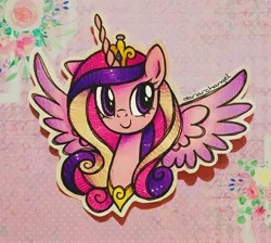 Size: 2681x2399 | Tagged: safe, artist:dariarchangel, derpibooru import, princess cadance, alicorn, pony, g4, adorable face, alicorn wings, bust, c:, cadance's crown, colored wings, crown, cute, cute face, cute smile, cutedance, diadem, female, flower, gem, gold jewelry, gradient wings, horn, image, jewelry, jpeg, long hair, long horn, long mane, mare, multicolored hair, multicolored mane, one ear down, peytral, pink coat, portrait, princess, purple eyes, regalia, smiling, solo, spread wings, three toned hair, three toned mane, traditional art, unicorn horn, wavy hair, wavy mane, weapons-grade cute, wings