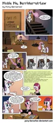 Size: 1180x2612 | Tagged: safe, artist:pony-berserker, derpibooru import, pinkie pie, thunderlane, twilight velvet, oc, oc:incognito, pony, g4, basement, box, comic, criminal, facial hair, female, food, image, lawyer, magic, male, mare, muffin, newspaper, pinkie pie: barrister-at-law, png, stallion