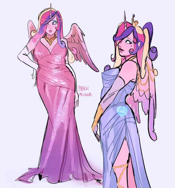 Size: 2508x2705 | Tagged: safe, artist:peachmichea, derpibooru import, princess cadance, human, alicorn humanization, breasts, clothes, crown, cute, cutedance, dress, evening gloves, eyeshadow, female, fingerless elbow gloves, fingerless gloves, gloves, horn, horned humanization, humanized, image, jewelry, jpeg, lipstick, long gloves, makeup, pony coloring, regal, regalia, side slit, solo, winged humanization, wings