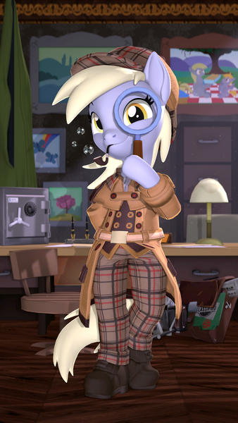 Size: 2160x3840 | Tagged: safe, artist:owlpirate, derpibooru import, derpy hooves, pegasus, pony, semi-anthro, g4, 3d, 4k, bubble pipe, clothes, detective, female, high res, hoof hold, image, looking at you, magnifying glass, mare, pants, pipe, plaid, png, smiling, smiling at you, solo, source filmmaker, trenchcoat