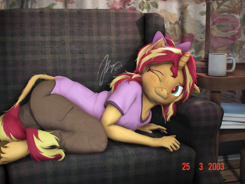 Size: 2880x2160 | Tagged: safe, artist:imafutureguitarhero, derpibooru import, sunset shimmer, anthro, classical unicorn, pony, unguligrade anthro, unicorn, g4, 2000s, 3d, 4:3, 4k, alternate hairstyle, arm fluff, arm freckles, blushing, book, bow, cargo pants, cheek fluff, chest fluff, child, chin fluff, chromatic aberration, clothes, cloven hooves, colored eyebrows, colored eyelashes, couch, cup, curtains, cute, daaaaaaaaaaaw, ear fluff, ear freckles, female, filly, filly sunset shimmer, film grain, flash, flash photography, floppy ears, fluffy, fluffy hair, fluffy mane, fluffy tail, foal, freckles, fur, hair bow, hand freckles, high res, hoof fluff, horn, image, indoors, jpeg, lamp, leonine tail, looking at camera, looking at you, mare, mug, multicolored hair, multicolored mane, multicolored tail, neck fluff, nose wrinkle, one ear down, one eye closed, paintover, pants, peppered bacon, photo, pink shirt, ponytail, red eye, revamped anthros, revamped ponies, shirt, signature, smiling, smiling at you, solo, source filmmaker, tail, timestamp, unshorn fetlocks, wall of tags, wink, winking at you, younger, younger female