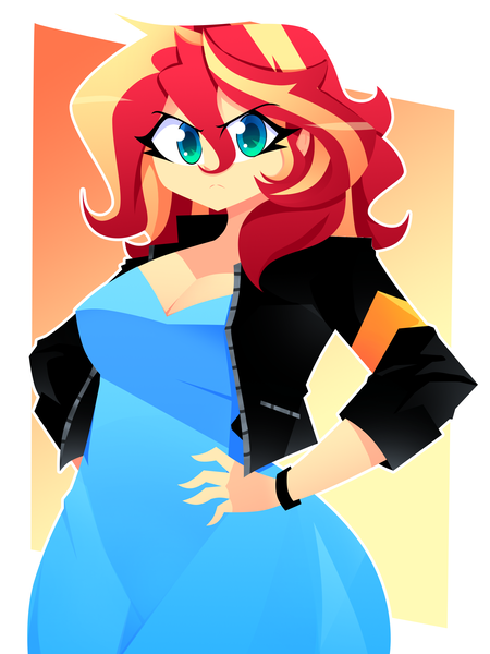 Size: 1500x2000 | Tagged: safe, artist:xan-gelx, derpibooru import, sunset shimmer, human, equestria girls, g4, 2d, breasts, busty sunset shimmer, cleavage, clothes, female, hand on hip, image, jacket, leather, leather jacket, looking at you, png, solo, vest, wide hips, wristband