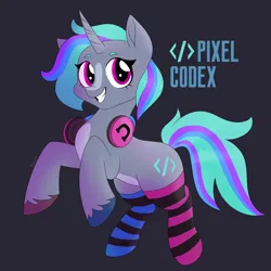 Size: 1550x1550 | Tagged: safe, derpibooru import, oc, oc:pixel codex, unofficial characters only, pony, unicorn, clothes, female, headphones, horn, image, mare, mascot, pixel codex (team), png, socks, solo, the ponies, the ponies (game)