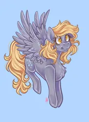 Size: 2400x3300 | Tagged: safe, artist:ashley-the-muffin, derpibooru import, derpy hooves, pegasus, pony, cute, derp, derpabetes, female, flying, image, mare, png, signature, simple background, sky, smiling, solo