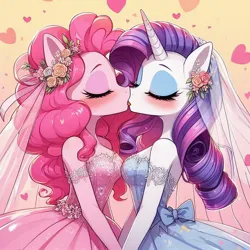 Size: 1024x1024 | Tagged: safe, ai content, derpibooru import, generator:copilot, machine learning generated, pinkie pie, rarity, anthro, blushing, clothes, couple, dress, duo, eyes closed, eyeshadow, female, flower, flower in hair, french kiss, generator:dall-e 3, image, jpeg, kiss on the lips, kissing, lesbian, lesbian wedding, makeup, ship:raripie, shipping, strapless, veil, wedding dress, wedding veil