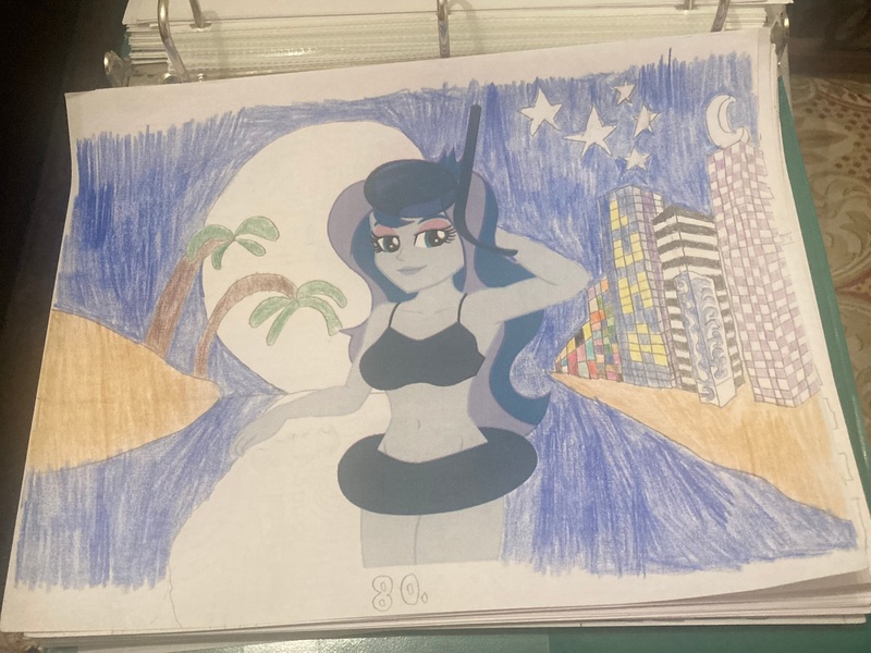 Size: 4032x3024 | Tagged: safe, artist:polorenzielephant, derpibooru import, edit, editor:ah96, vector edit, princess luna, human, equestria girls, g4, beach, clothes, hotel, image, inner tube, jpeg, moon, palm tree, pool toy, printout, reflection, skyscraper, snorkel, stars, swimsuit, traditional art, tree, two-piece swimsuit, vector, vice principal luna, wall