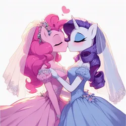 Size: 1024x1024 | Tagged: safe, ai content, derpibooru import, generator:copilot, machine learning generated, pinkie pie, rarity, anthro, blushing, clothes, couple, dress, duo, eyes closed, eyeshadow, female, generator:dall-e 3, image, jpeg, kiss on the lips, kissing, lesbian, lesbian wedding, makeup, ship:raripie, shipping, simple background, strapless, veil, wedding dress, wedding veil, white background