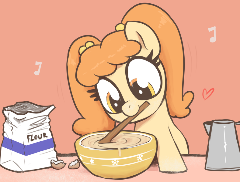 Size: 2500x1900 | Tagged: safe, artist:t72b, derpibooru import, oc, earth pony, pony, batter, bowl, egg, female, filly, flour, foal, food, image, mixing bowl, mouth hold, png, solo, table