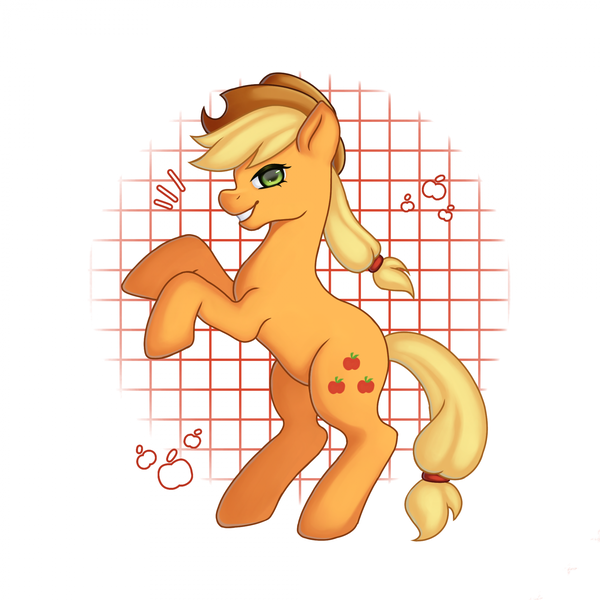 Size: 1920x1920 | Tagged: safe, artist:justvavx, derpibooru import, applejack, earth pony, pony, apple, female, food, image, mare, open mouth, open smile, png, rearing, smiling, solo