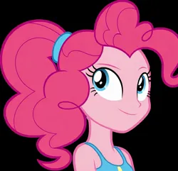 Size: 2048x1978 | Tagged: safe, ai content, anonymous prompter, generator:imagen 3, machine learning generated, pinkie pie, human, equestria girls, black background, humanized, image, jpeg, ponytail, show accurate, side profile, simple background, solo, top