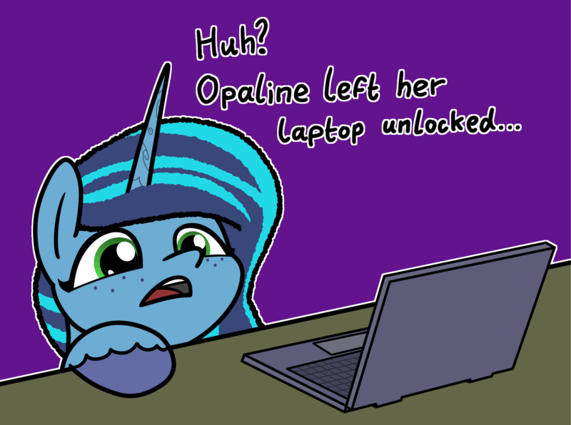 Size: 2048x1526 | Tagged: safe, artist:ewoudcponies, derpibooru import, pony, unicorn, g5, browser history, computer, dialogue, female, horn, image, implied opaline arcana, laptop computer, mare, misty brightdawn, open mouth, outline, png, solo, white outline