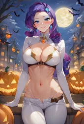 Size: 832x1216 | Tagged: suggestive, ai content, derpibooru import, generator:civitai, machine learning generated, prompter:doublerainbow, stable diffusion, rarity, human, bats!, g4, belly, belly button, big breasts, breasts, busty rarity, clothes, female, generator:pony diffusion v6 xl, gloves, halloween, holiday, humanized, image, jpeg, looking at you, moon, outdoors, pants, pumpkin, smiling, smiling at you, solo, solo female, stupid sexy rarity, white bikini