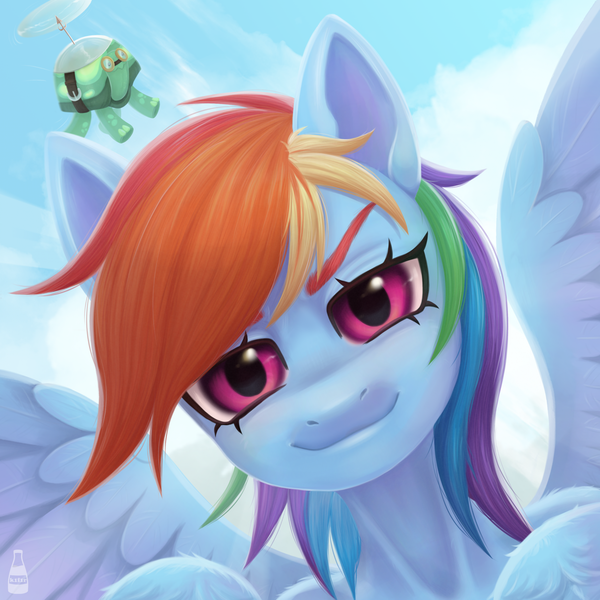 Size: 1919x1919 | Tagged: safe, artist:k1f1r, derpibooru import, rainbow dash, tank, anthro, pegasus, pony, tortoise, g4, bust, cloud, collarbone, duo, female, fluffy, flying, human shoulders, humanoid torso, image, looking at you, mare, png, portrait, signature, sky, smiling, sternocleidomastoid