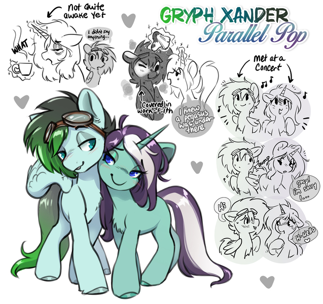 Size: 2400x2259 | Tagged: safe, artist:opalacorn, derpibooru import, oc, oc:gryph xander, oc:parallel pop, unofficial characters only, pegasus, pony, unicorn, bags under eyes, blush lines, blushing, coffee mug, commission, dialogue, duo, duo male and female, female, goggles, goggles on head, heart, horn, image, jpeg, levitation, lidded eyes, looking at each other, looking at someone, magic, male, mare, married couple, mug, music notes, nuzzling, oc x oc, rag, shipping, simple background, smiling, smiling at each other, soot, stallion, straight, telekinesis, tired eyes, white background, wings