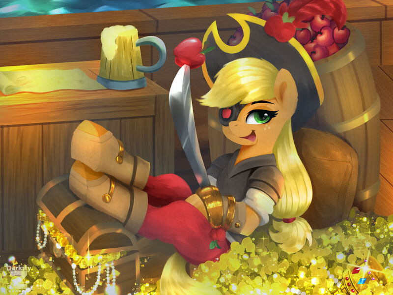 Size: 2400x1800 | Tagged: safe, artist:darksly, derpibooru import, applejack, earth pony, pony, g4, my little pony: the movie, barrel, boots, cider, cider mug, clothes, coat, coin, cutlass, eyepatch, female, gold, hat, image, jpeg, mare, mug, open mouth, pants, pirate, pirate applejack, pirate hat, shoes, solo, sword, treasure chest, weapon