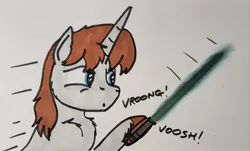 Size: 2048x1239 | Tagged: safe, artist:hoofclid, derpibooru import, oc, oc:hoofclid, unofficial characters only, pony, unicorn, bust, chest fluff, hoof hold, horn, image, jpeg, lightsaber, male, marker drawing, solo, stallion, star wars, traditional art, unshorn fetlocks, weapon