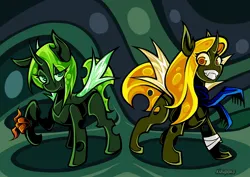 Size: 2480x1754 | Tagged: safe, artist:kizupoko, derpibooru import, oc, oc:amaryllis, oc:venus, unofficial characters only, changeling, bandage, changeling oc, clothes, commission, female, green eyes, green mane, handkerchief, image, jpeg, scarf, siblings, sisters, thief, yellow eyes, yellow mane