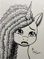 Size: 720x960 | Tagged: safe, artist:mayorlight, derpibooru import, pony, unicorn, g5, female, freckles, horn, image, ink drawing, jpeg, mare, misty brightdawn, monochrome, open mouth, sad, solo, traditional art