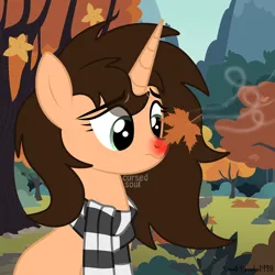 Size: 2500x2500 | Tagged: safe, artist:cursed soul, artist:small-brooke1998, derpibooru import, oc, oc:small brooke, pony, unicorn, autumn, cold, cold weather, horn, image, leaf, leaves, png, solo