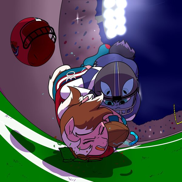 Size: 2100x2100 | Tagged: safe, artist:pony quarantine, derpibooru import, oc, oc:endzone, oc:first down, unofficial characters only, earth pony, pony, american football, commission, duo, duo female, eyes closed, female, fisheye lens, football field, football helmet, helmet, image, jpeg, mare, open mouth, sports, tackle