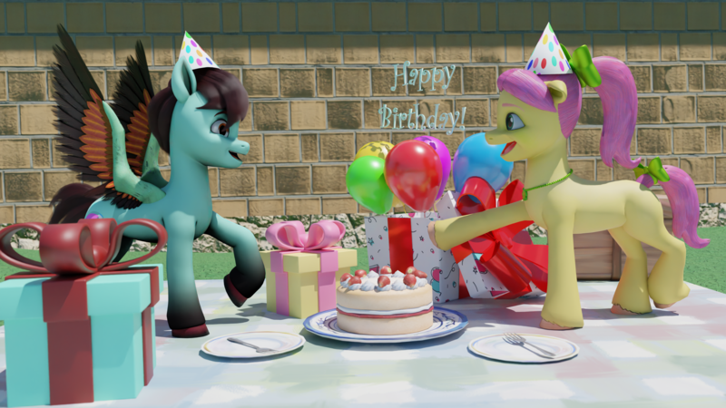 Size: 3840x2160 | Tagged: safe, artist:raindashesp, derpibooru import, posey (g5), oc, oc:rain cloud, g5, balloon, birthday, cake, food, hat, image, looking at each other, looking at someone, party hat, png, present