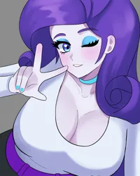 Size: 1280x1600 | Tagged: safe, artist:masterdestroyzj, derpibooru import, rarity, human, equestria girls, g4, big breasts, breasts, busty rarity, cleavage, female, gray background, huge breasts, image, jpeg, looking at you, one eye closed, peace sign, simple background, solo, wink, winking at you