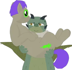 Size: 1910x1846 | Tagged: safe, artist:xada, derpibooru import, oc, oc:jolly syringe, earth pony, goo, pony, chest fluff, duo, furry, furry oc, green eyes, holding a pony, horns, image, leaf, multiple tails, orange eyes, png, purple mane, purple tail, simple background, tail, transparent background, two tails