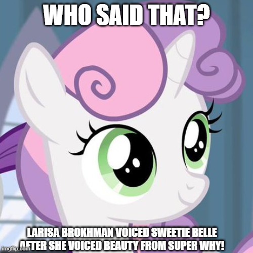 Size: 500x500 | Tagged: safe, derpibooru import, screencap, sweetie belle, unicorn, for whom the sweetie belle toils, g4, cyrillic, horn, image, implied diamond tiara, implied fluttershy, jpeg, larisa brokhman, meme, russian, solo, super why, uploader id:715756