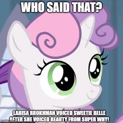 Size: 500x500 | Tagged: safe, derpibooru import, screencap, sweetie belle, unicorn, for whom the sweetie belle toils, g4, cyrillic, horn, image, implied diamond tiara, implied fluttershy, jpeg, larisa brokhman, meme, russian, solo, super why, uploader id:715756