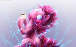 Size: 1280x800 | Tagged: safe, artist:jadekettu, derpibooru import, pinkie pie, earth pony, pony, g4, caffeine, coffee, creepy, creepy smile, detailed, electricity, energy, female, gradient background, gray background, hoof hold, hypercaffinated, image, lightning, looking at you, looking back, mare, mug, oh no, pinkie found the coffee, png, powering up, shrunken pupils, simple background, sitting, smiling, solo, steam, this will not end well, underhoof, wide eyes, xk-class end-of-the-world scenario