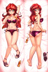 Size: 1948x2923 | Tagged: suggestive, artist:tzc, derpibooru import, sunset shimmer, human, equestria girls, g4, armpits, ass, barefoot, bikini, body pillow, body pillow design, breasts, bunset shimmer, butt, clothes, feet, female, full body, humanized, image, legs, looking at you, looking back, looking back at you, looking over shoulder, old art, partially undressed, png, solo, solo female, stupid sexy sunset shimmer, swimsuit, thighs