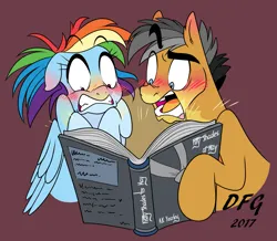 Size: 1749x1523 | Tagged: suggestive, artist:dragonfoxgirl, derpibooru import, a.k. yearling, quibble pants, rainbow dash, earth pony, pegasus, pony, g4, 50 shades of hay, blushing, book, duo, embarrassed, female, fifty shades of grey, image, male, mare, open mouth, png, reading, ship:quibbledash, shipping, shocked, simple background, stallion, straight